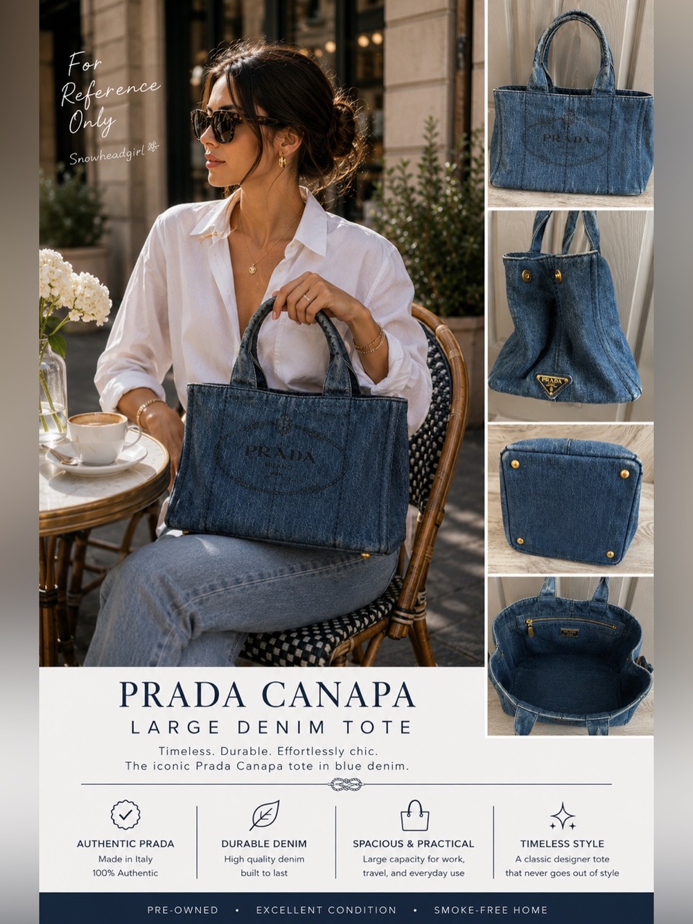 Prada Canapa Large Denim Tote Blue Canvas Shoulder Bag Italy / COA